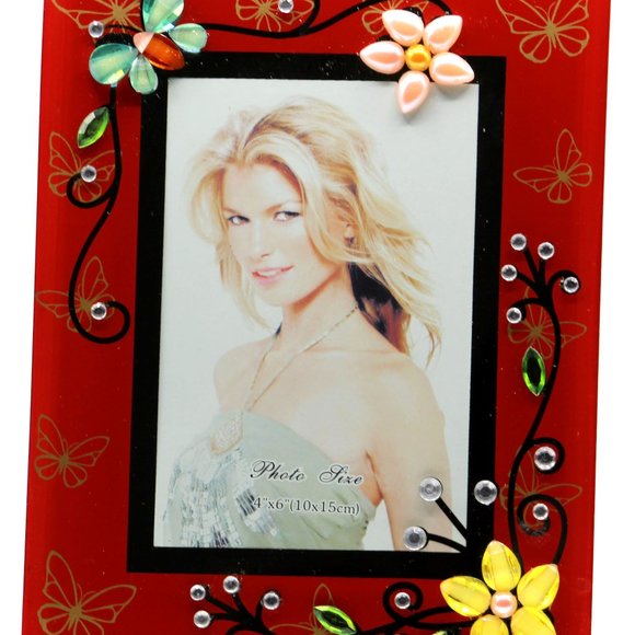 Two sets of Beautiful Red Glass 4" x 6" Photo Picture Frame with Flowers and But - Picture 6 of 11